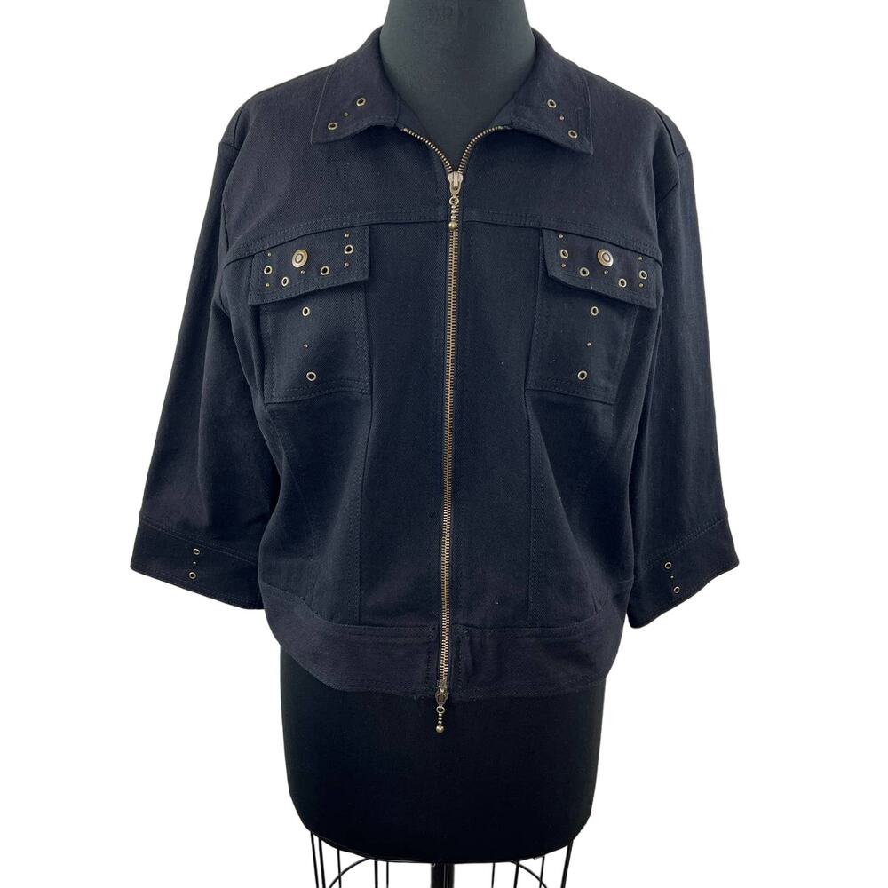 BARBARA LESSER Fibers Black Gold Stretch Denim Full Zip Jacket Collar USA L